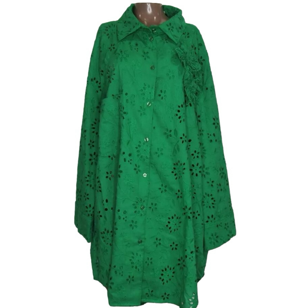 NEW GRETA CONSTATINE Women's Shirt Dress Green Size 6 Button Up Eyelet Cotton
